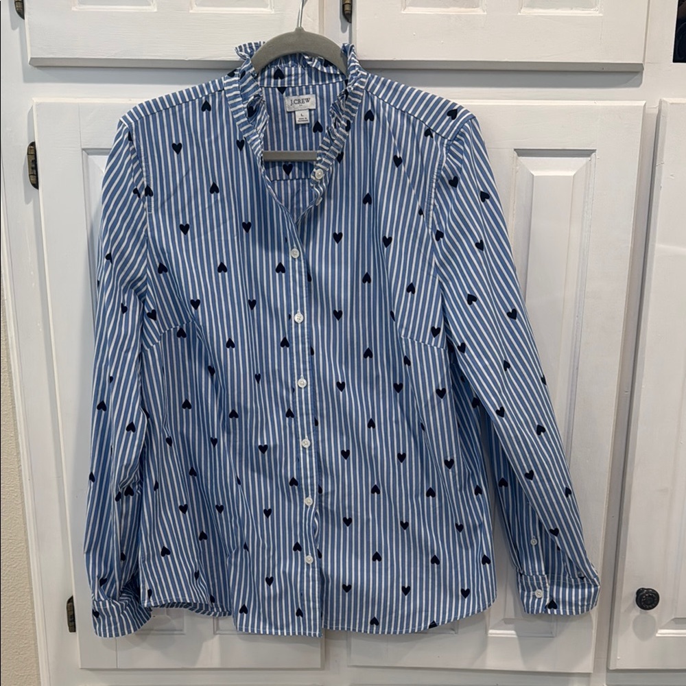 J. Crew Blue and White Striped Blouse with Polka Dot Hearts